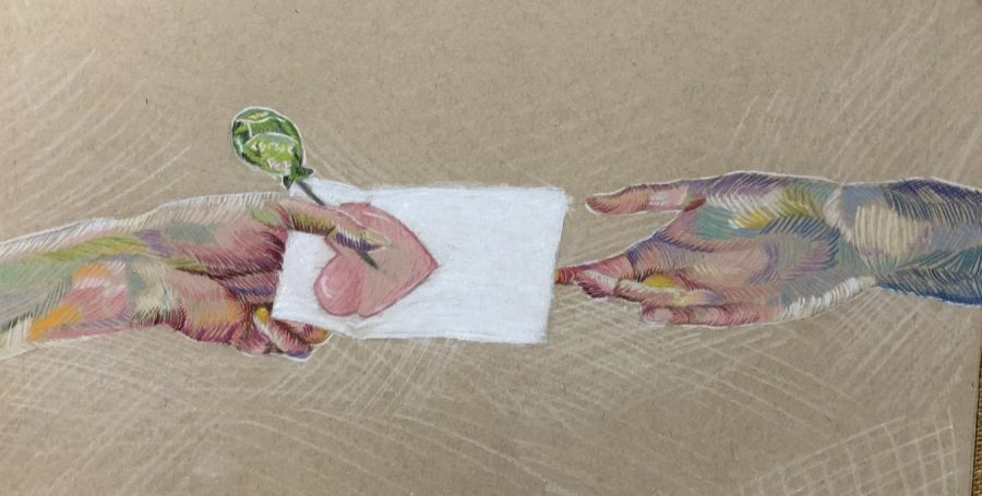 Artwork by Jenna Tancredi illustrating students’ lending a hand to others.