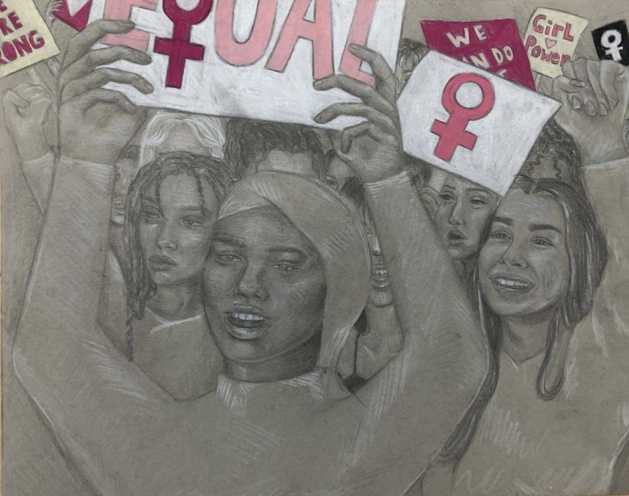 Artwork by Jenna Tancredi '21 representing a women's rights protest.