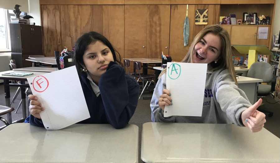 Bella Feliciano 23 and Mary Kate Duffy 22 pose to illustrate two different test outcomes.