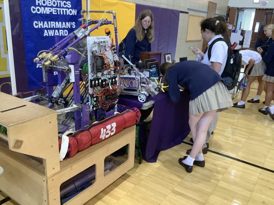 Natalie Burrel ‘24 and Lee Quinn ‘24 by the robotics table. Mount’s robotics team is the first all female team in the state!