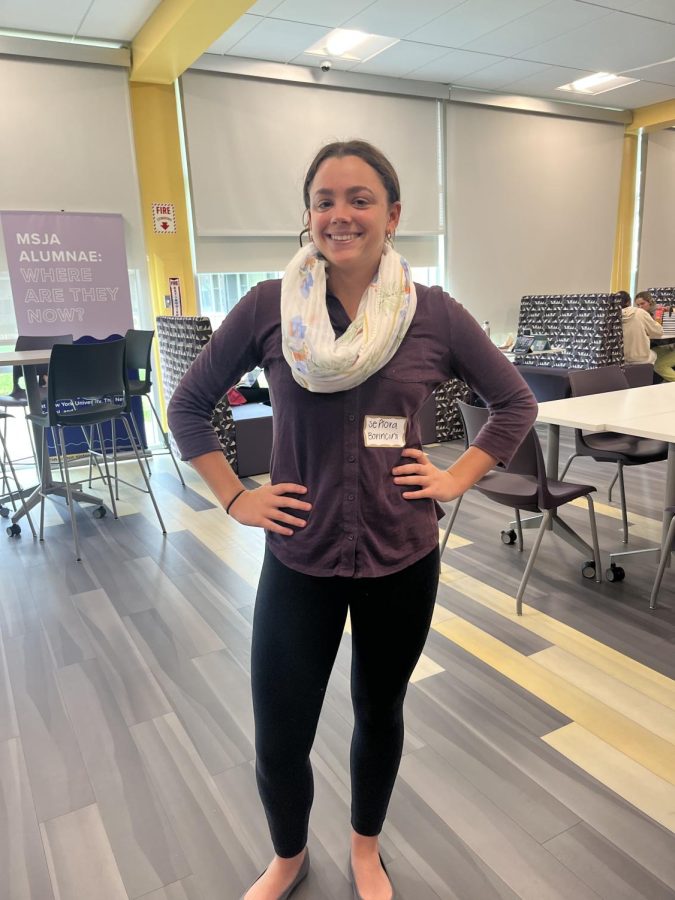 Katie Bakely ‘23 dressed as Senora Bornancini for the senior Halloween. parade. Senora, an infinity scarf enthusiast, is known for her love of practical footwear, and making our hearts as warm as her neck. 