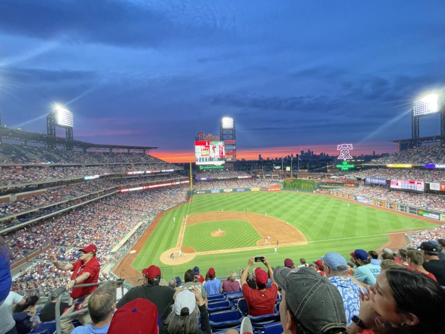 Sunset at Phillies game over Citizens Bank Park during summer of 2022