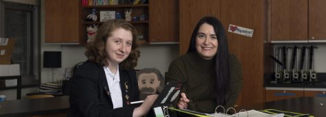 Valarie Rubinstein ‘22 sits with her Physic’s Teacher, Mrs. Kathleen Hennessy during a photoshoot for her being featured on the Mount’s Magazine.