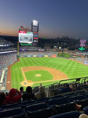 A stunning shot of the Phillies’ stadium shows the crowd during a tense game.
