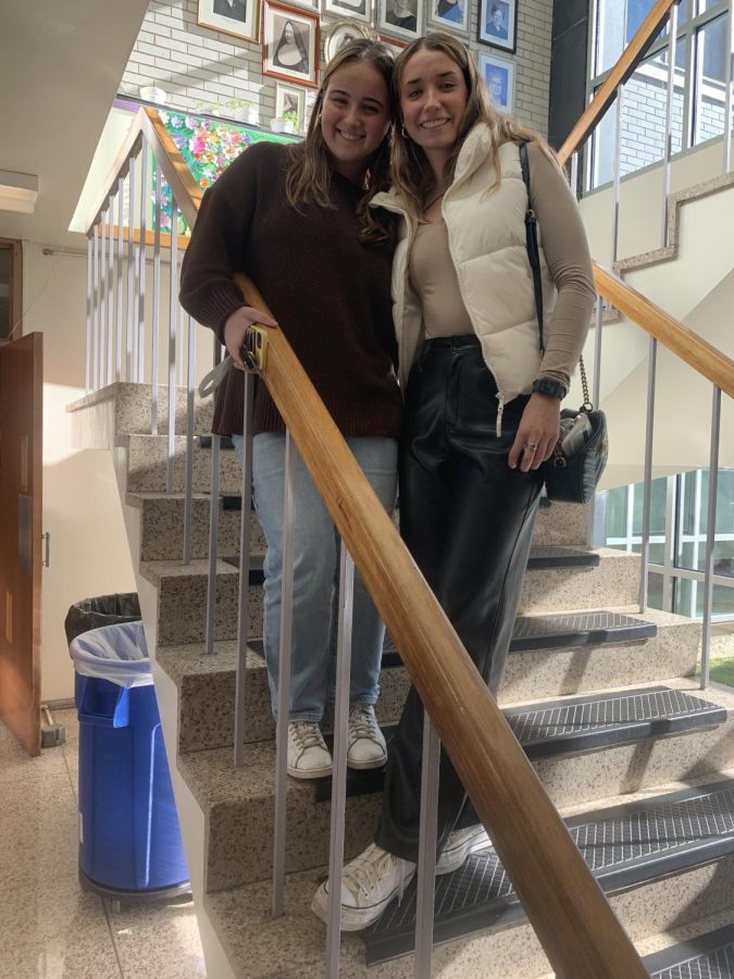 From left: Alums Molly Amens ‘22 and Maggie Horgan ‘22 reunite and take a picture together. Horgan says what she misses the most about Mount is the sister hood, and Amens says she misses having lunch every day with her friends.