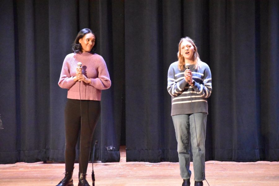 Karli Cottom ‘23 and Maddie Etkin ‘23 sing a heartfelt duet of “For Good” from broadway musical “Wicked.” They dedicated the sentimental lyrics to their fellow 2023 seniors, expressing their love and appreciation for the grade. 