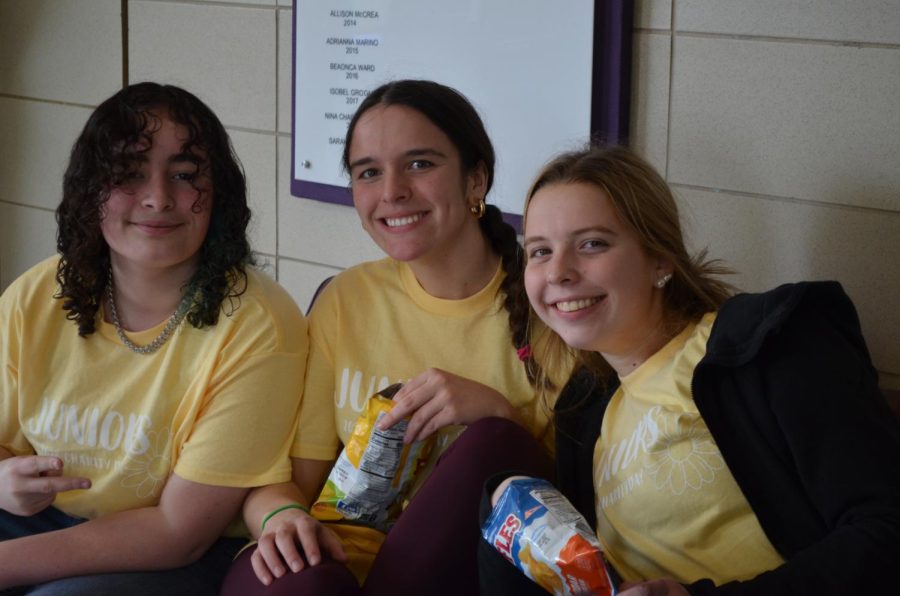 Lee Quinn ‘24, Julia Burns ‘24 and Michaela Kowalski ‘24 smile outside the auditorium after a wonderful Charity Day 2023. 