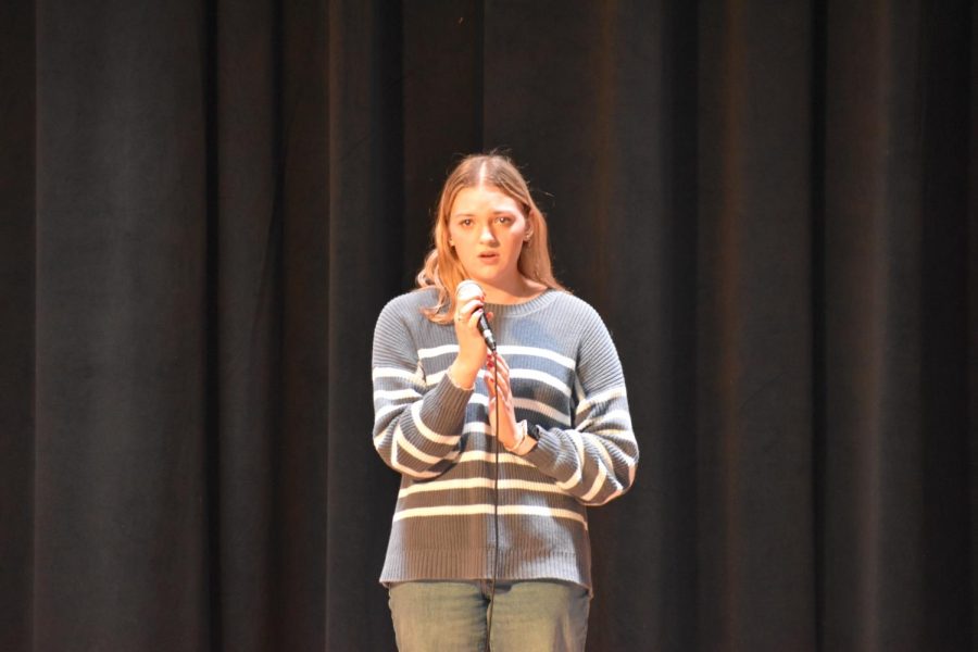 Maddie Etkin ‘23 sings an earnest rendition of “Turning Tables” by Adele during Charity Day 2023.