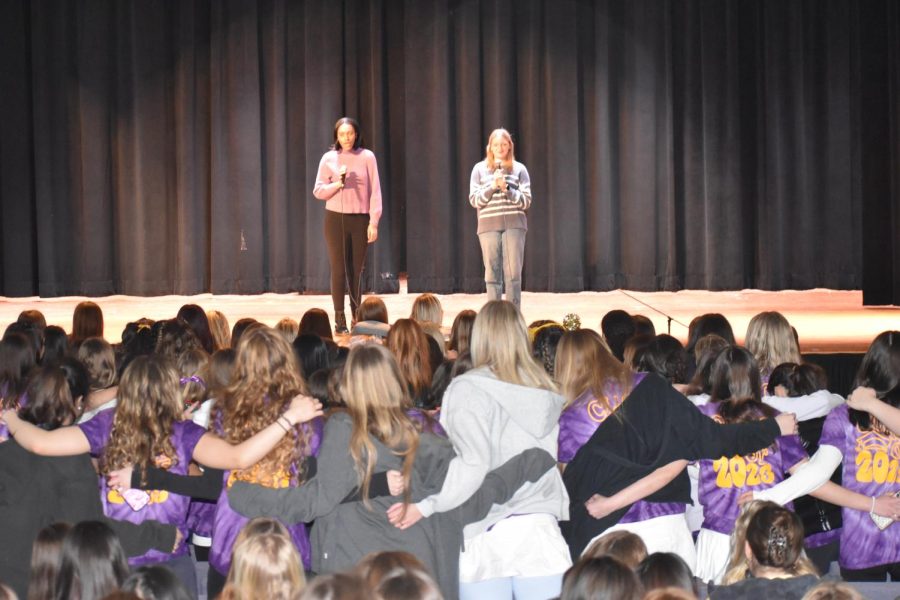 2023 seniors join arms as they sway along to Karli Cottom '23 and Maddie Etkin '23's tribute to their senior class. Tears and hugs were shared amongst the nostalgic students during their last Charity Day.