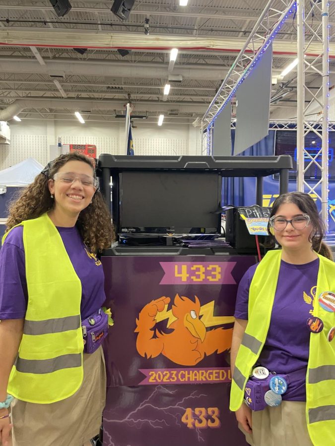 Isabella Cooper ‘25 and Gianna Scotto ‘24 were stationed in the pit to discuss the logistics of the team robot to any teams that were inquiring. 