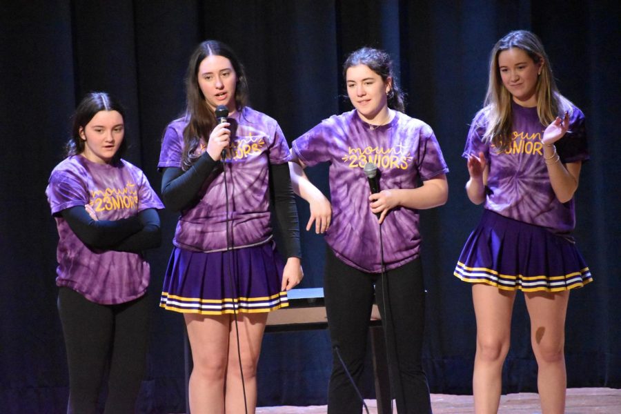 Senior Spirit Week Committee members Maddi Allen '23, Mary Kate Andress '23, Julia Solecki '23 and Devin Loome '23 thank the audience of Mounties after concluding Charity Day 2023. 