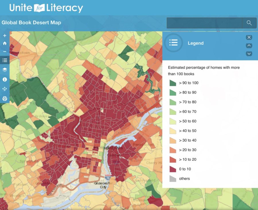 The global book desert map shows a need for books in Philadelphia and the surrounding areas.