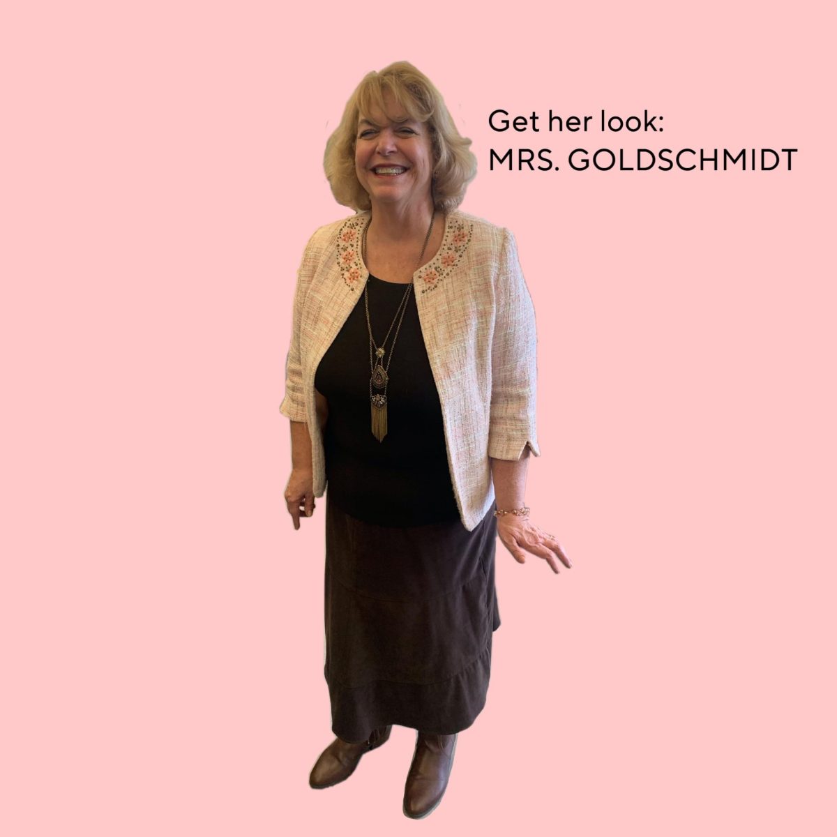 Mrs.+Goldschmidts+fabulous+original+outfit.+Shes+wearing+a+light+pink+tweed+gingham+jacket+%28very+Scream+Queens+of+her%29%2C+that+has+pink+and+brown+floral+embellishments+on+the+collar.+She+matches+the+pink+flowers+on+her+jacket+with+a+similar+pink+bracelet+and+flower+necklace.+Dont+you+love+her+attention+to+detail%3F+Mrs.+Goldschmidt+chose+a+simple+black+top+to+wear+as+a+base+layer%2C+along+with+a+brown+tiered+maxi+skirt.+Notice+how+she+matched+the+brown+on+her+skirt+with+the+brown+embellishments+on+her+jacket.+She+pairs+this+outfit+with+a+pair+of+brown+western+boots-very+trendy%21