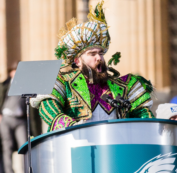Jason Kelce dons a mummers costume at the Super Bowl Parade. 