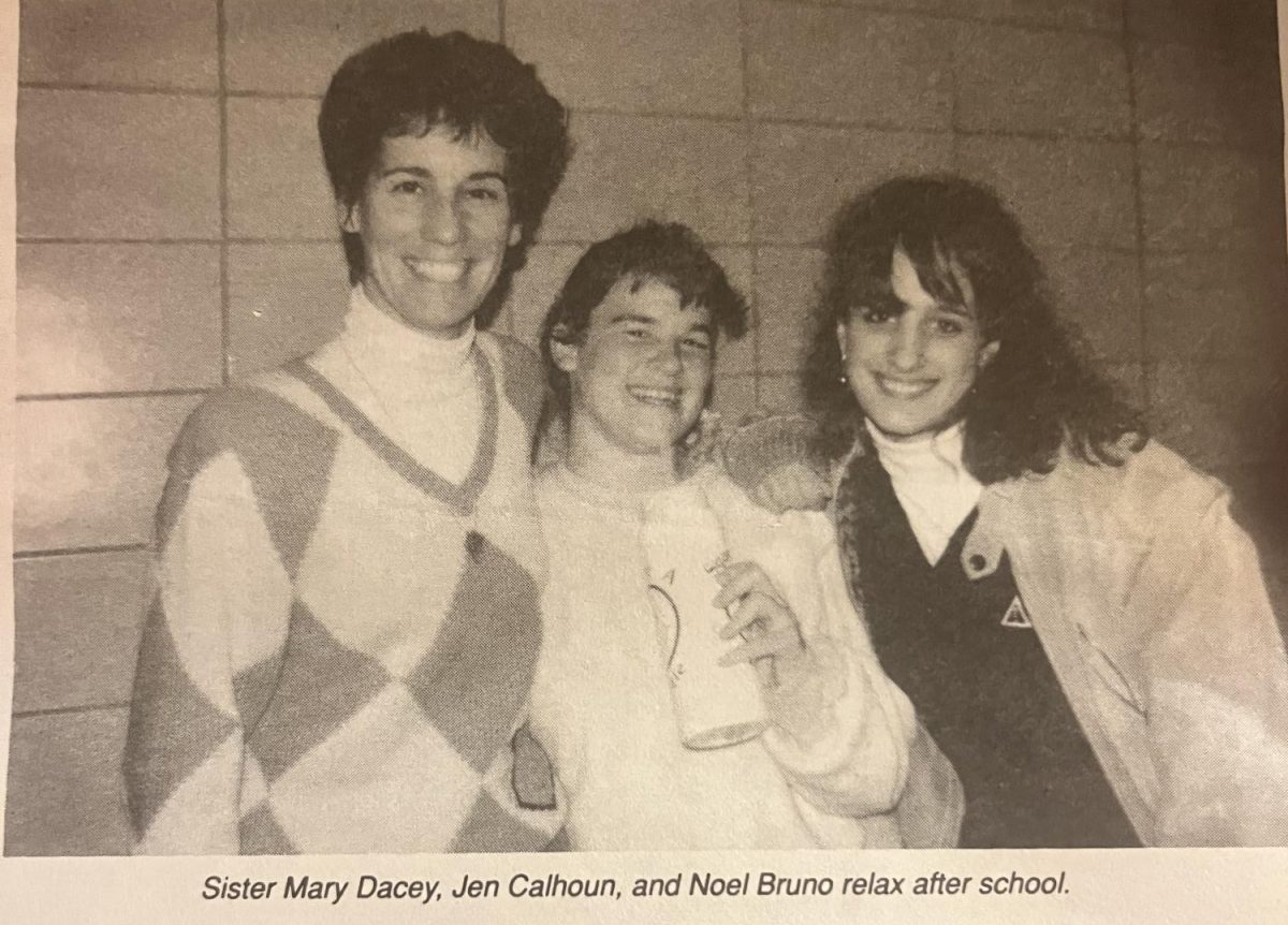 Sister Mary Dacey in the December 1989 edition of The Campanile hanging with students after school.  “At some point during the academic year, the school was assembled in the auditorium, and Sister Mary Dacey addressed the students with these words of wisdom about the true mark of an education: 'If there is one thing that I have learned about an education, it is that it is never finished, and the more you learn, the more you realize you will never really know anything.' These words remain as true to me now as they did more than 35 years ago" Ellen Potter '90 said. 