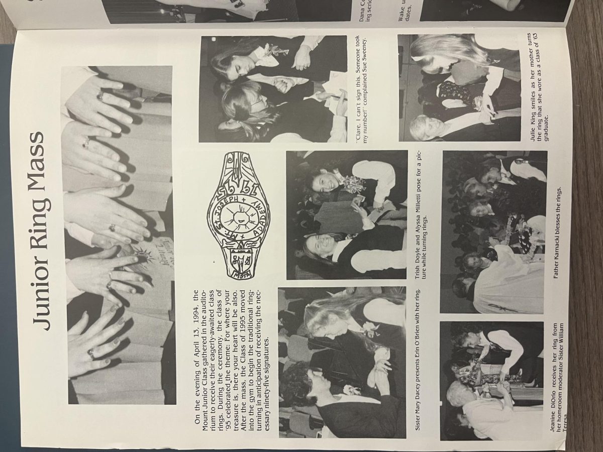 Sister Mary Dacey presenting students with their Junior class ring in 1995.