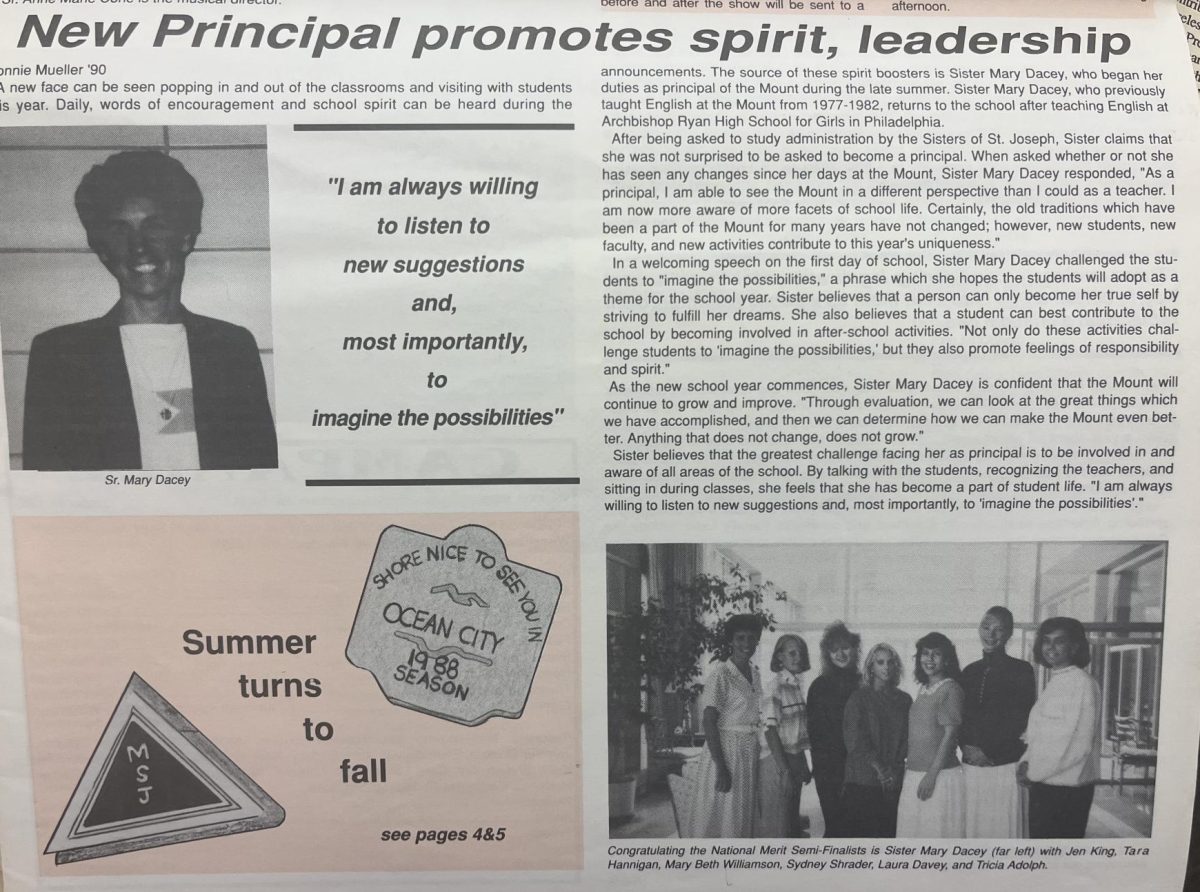 An article on Sr. Mary Dacey's leadership from the October 1991 edition of The Campanile. 
“It was a serious changing time, changing times for religious communities: the Mount, the Alumnae, and Mary had a huge sense of that—an incredible vision” Eileen Heck '48 said.