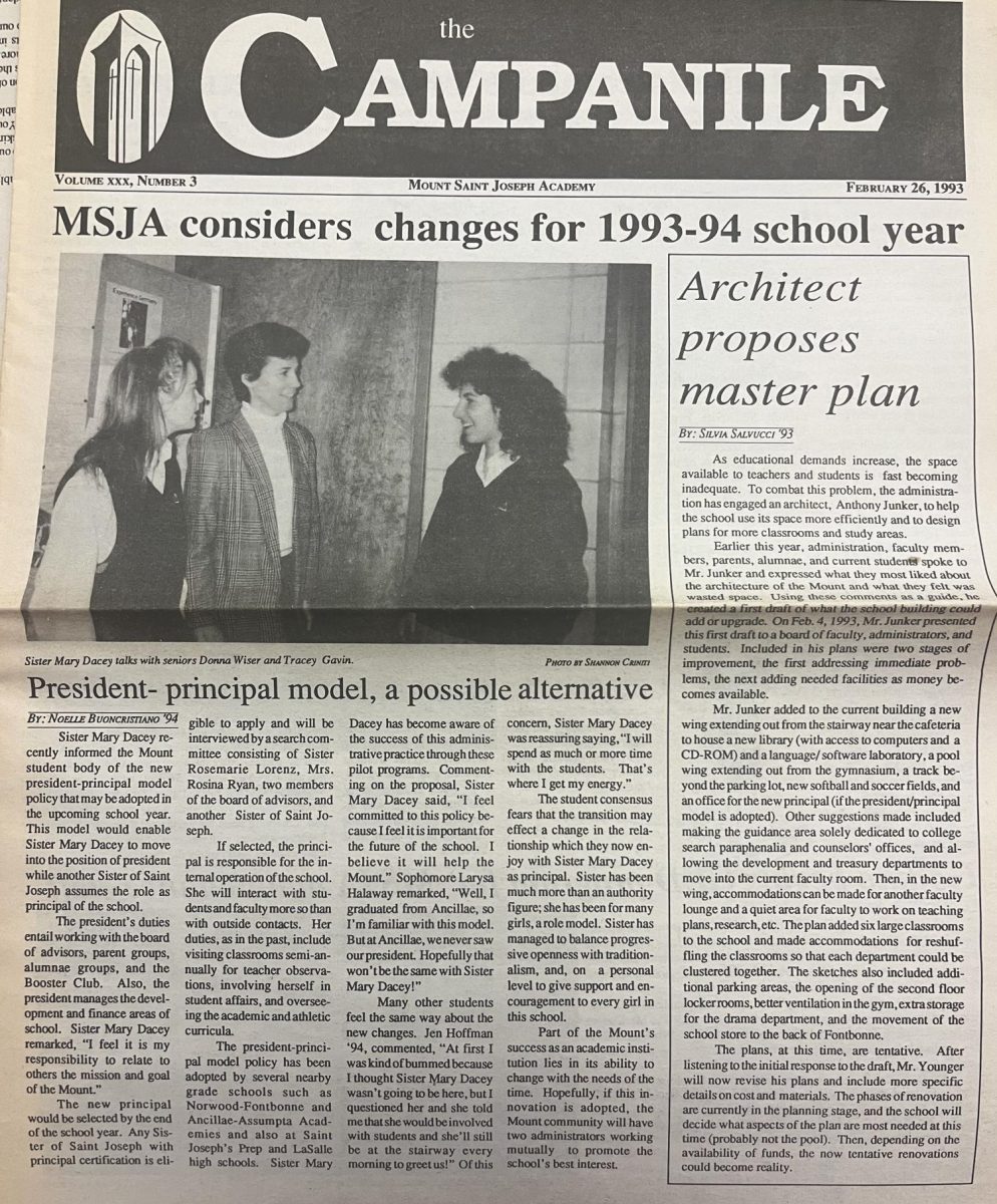 The February 1993 edition of the The Campanile features an article on the president-principal model that Sister Mary Dacey founded at Mount.