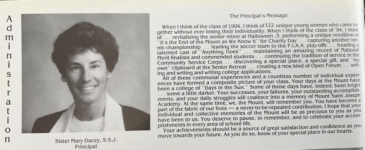 Sister Mary Dacey's "Principal’s Message" featured in the 1994 yearbook.
 


“While I was not a student during her tenure, I did have the privilege of connecting with her first when I was in college, as we met at a college age social. As a young educator, I valued her insights.” Nicole West '87, Director of Mission and Inclusion, said.
