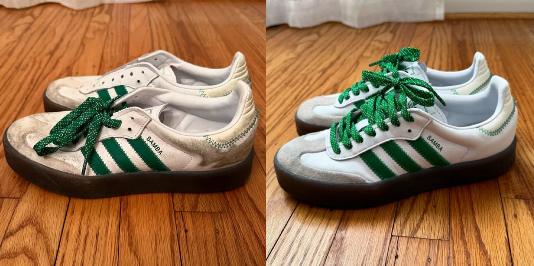 Before and after product of a pair of shoes.