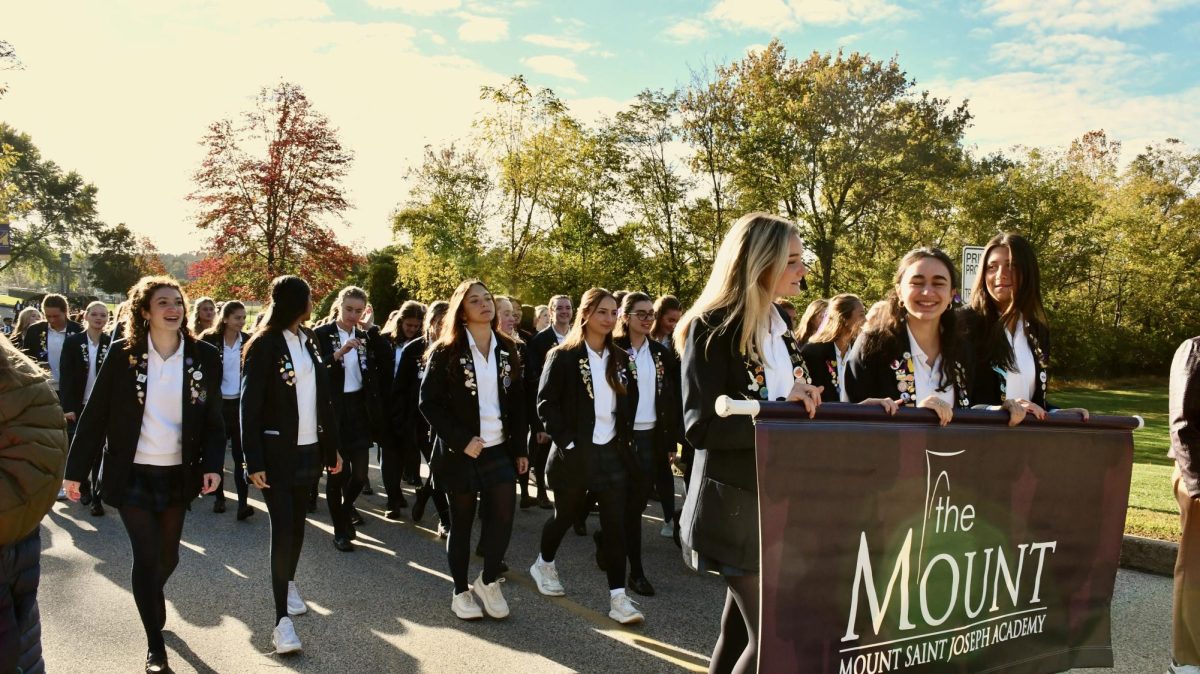 Led by the Student Leadership Council Secretary, President, and Vice President, the senior class begins the pilgrimage to Chestnut Hill college. 

 Alex Kovach ‘26, Rahel Rago ‘26, Kayleigh Costello ‘26, Lexi Kelly ‘26, Kelly McDonald ‘26, Ava Downey ‘26, Ava Smith ‘26, Daria Yohe ‘26, Grace Balkowski ‘26, Lillian Friel ‘26, secretary, Gabriella Balaratna, president; ‘26, and Alexa Durand ‘26, vice president. 

“Maybe it’s just because I’m a Senior,” Grace Balkowski ‘26 said, “but this Founders’ Day felt extra special, like I was truly leaving my mark on the Mount legacy. It was bittersweet to walk to the Motherhouse for the last time, but I felt more connected to the sisterhood than ever before.”