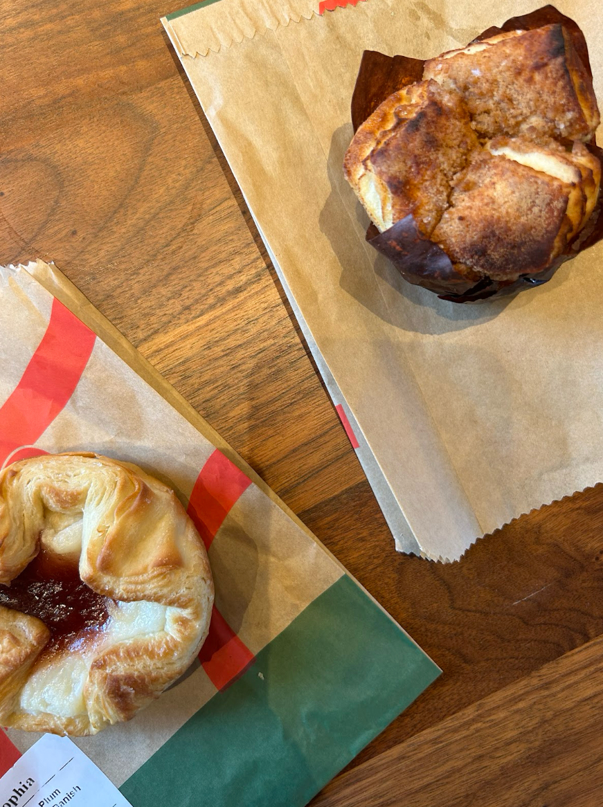 The cinnamon pull apart (top right) beside the sugar plum cheese danish (bottom left) 