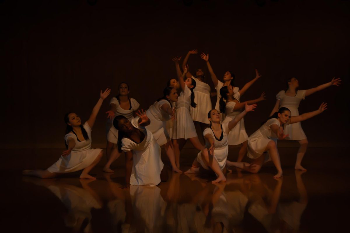 Action photo from a performance by the University of Rochester’s Lourve Dance Ensemble. 
